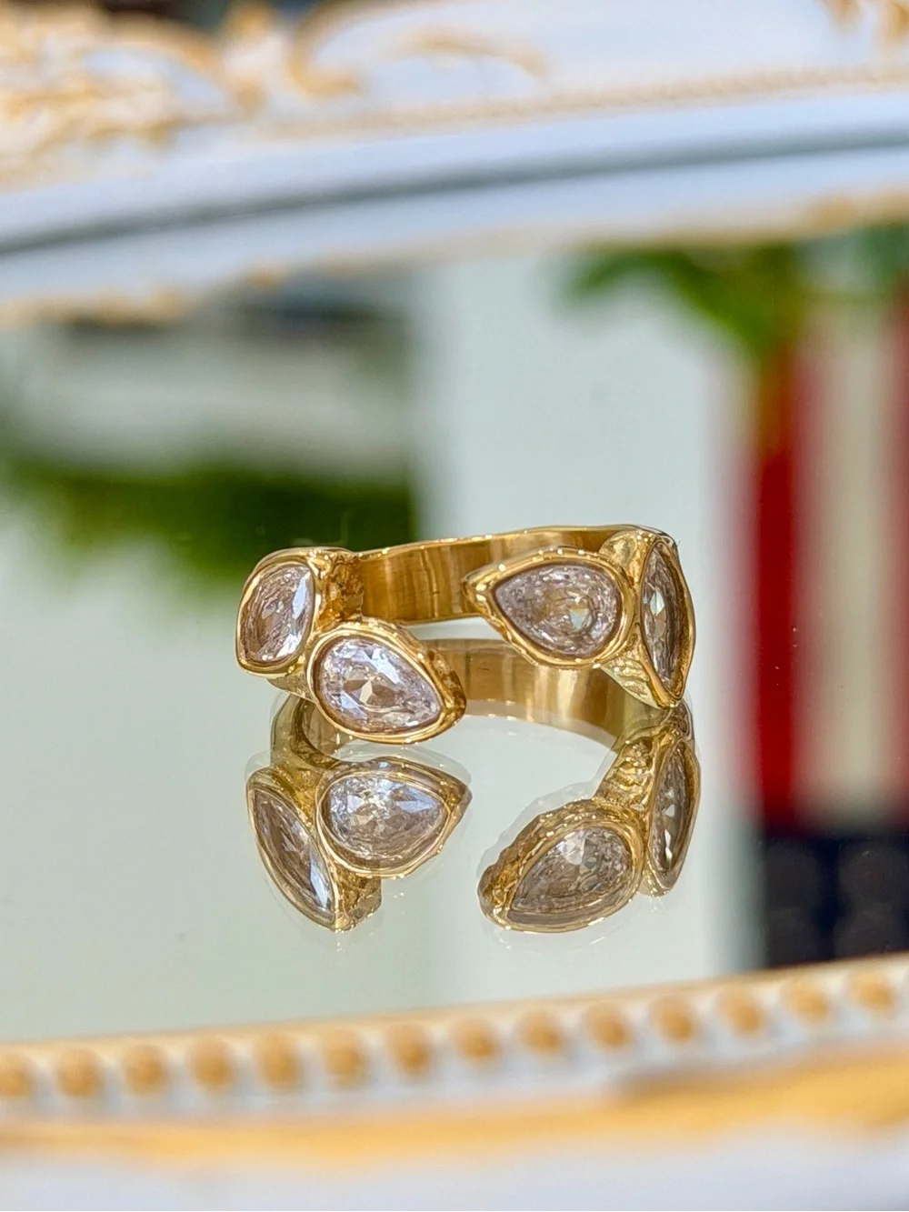 New Gold Tone Front-Opening Teardrop Crystal Cuff Ring — Adjustable Fit US Sizes